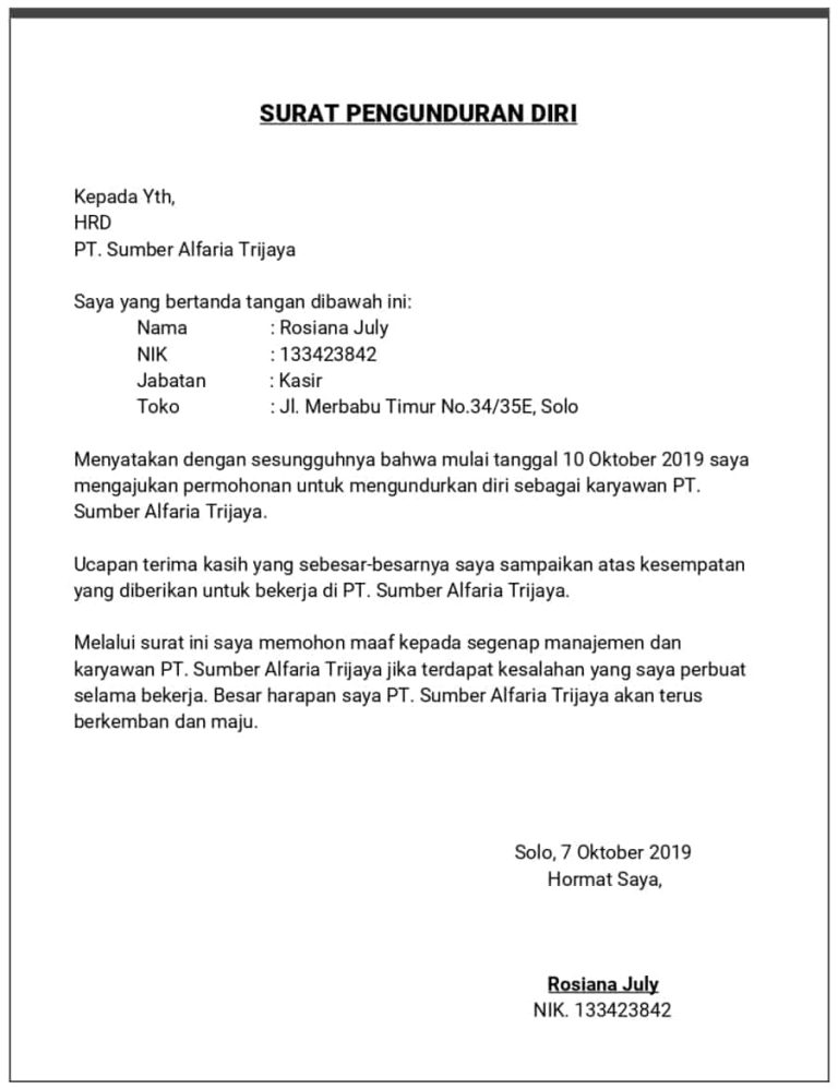 Contoh Surat Resign Kerja DOC Simple Pak Sulthon